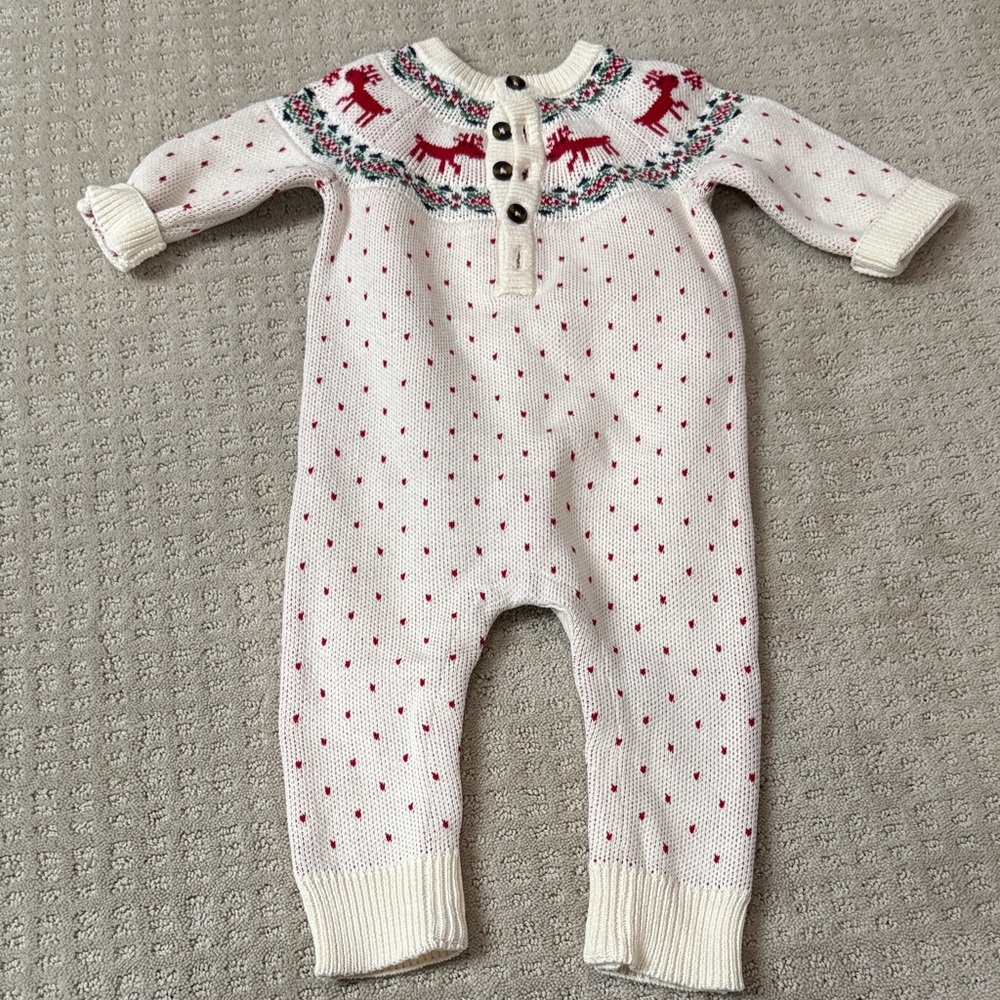 Hanna Andersson Cream and Red Reindeer Knit Footie